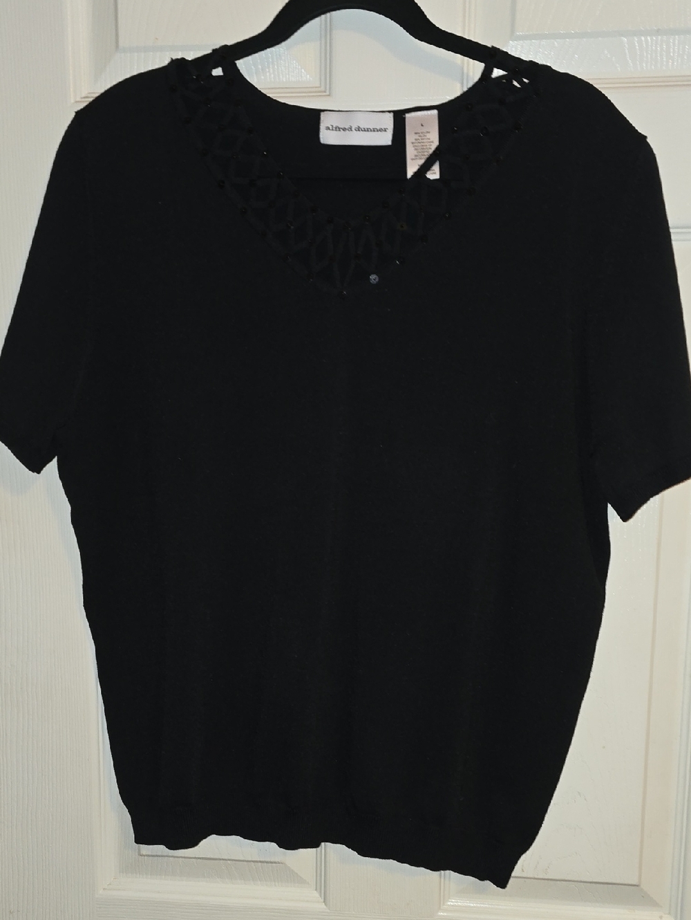 Alfred Dunner Black Short Sleeve Knit Top with Cutout V-Neck